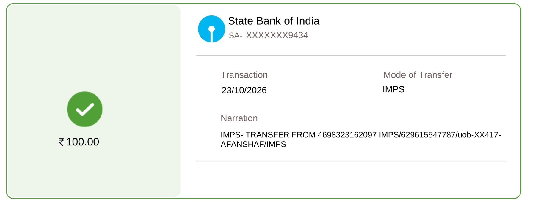 Bank receipt of Rs. 100 received in the Mid-Sun account