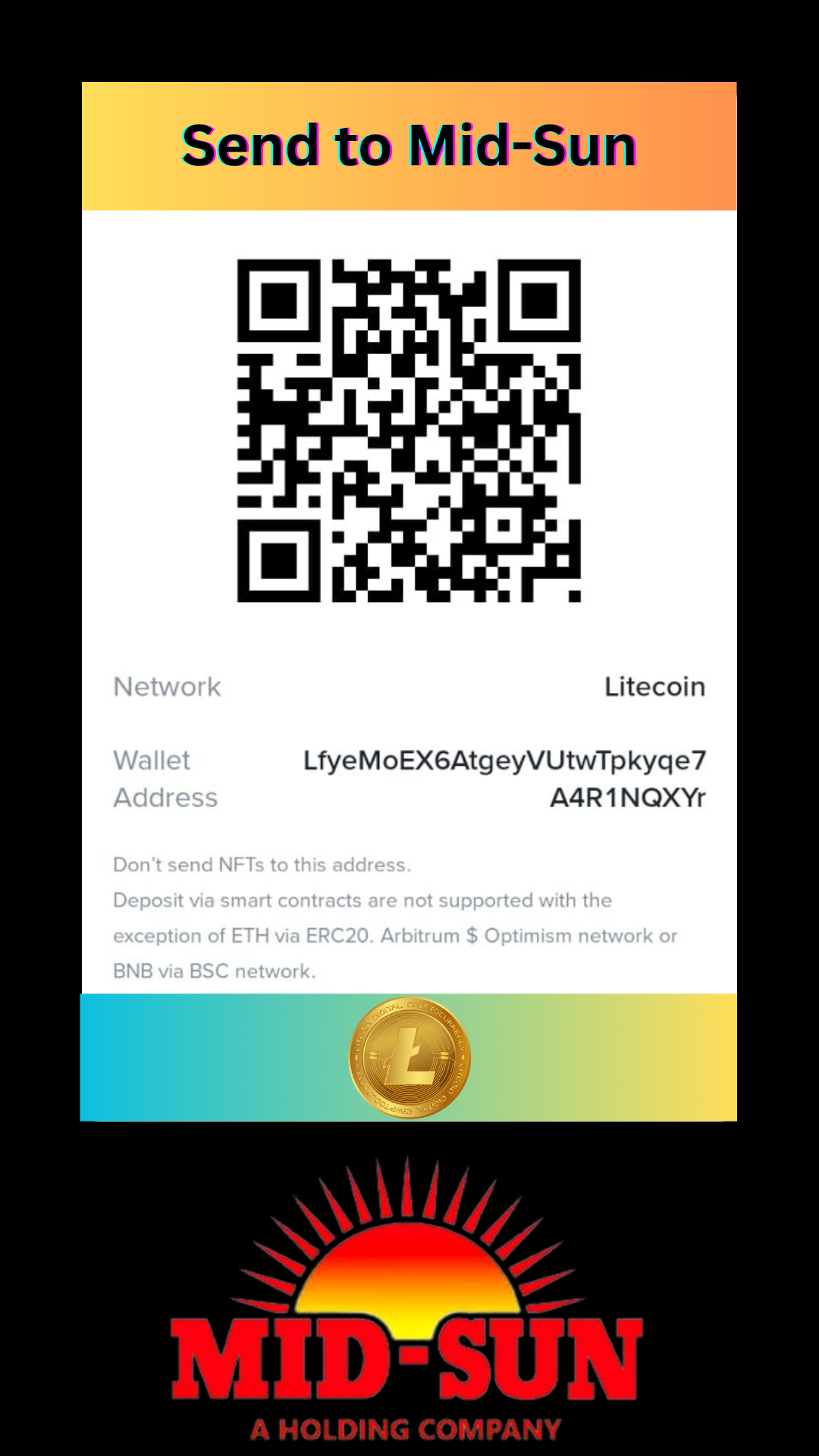 Screenshot of Mid-Sun Litecoin wallet address and QR
